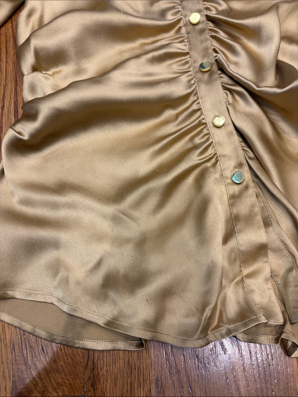 Cache Gold Satin Ruched Button-Down Blouse - Picture 7 of 8